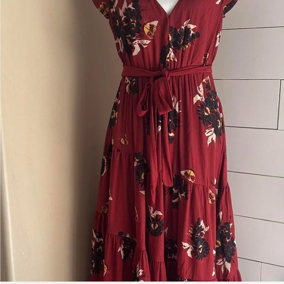 Free People All I Got Maxi Dress Prairie Floral Red waist tie size 4 Cap Sleeves - Picture 2 of 6
